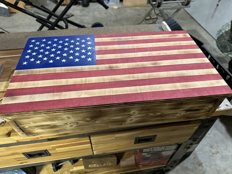 Rustic wooden American flag box with hidden storage
