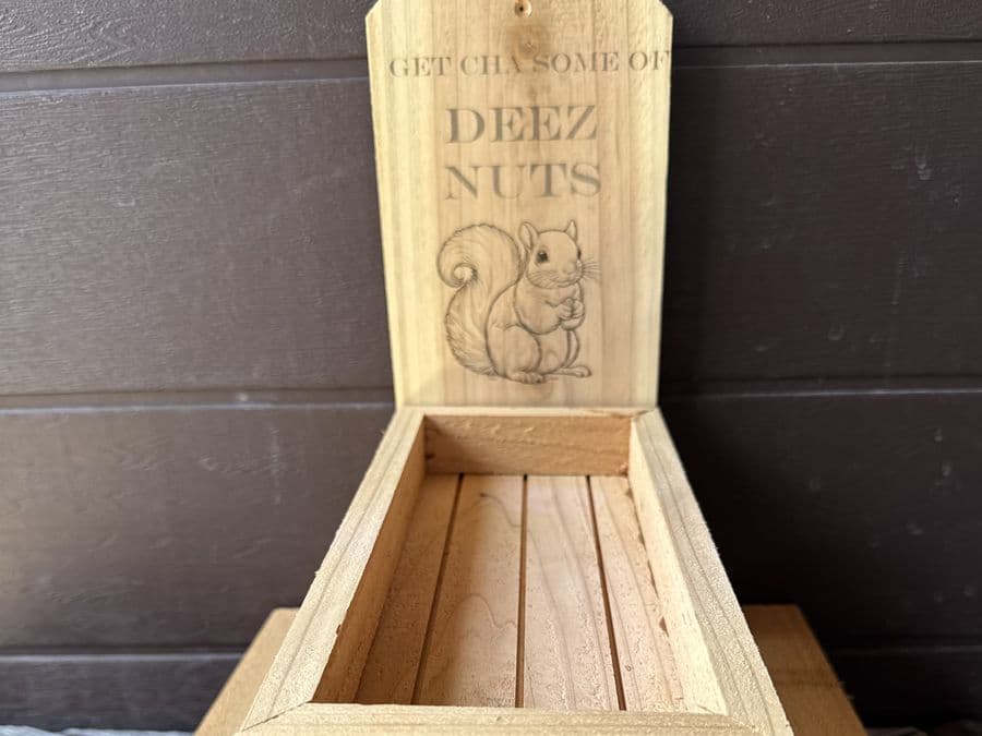 Cedar squirrel feeder picnic bench with engraved sign